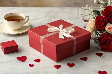 Valentine's Day background. Gift box, red roses, hot tea in cup and aper hearts on background. Flat lay, directly above, copy space.
