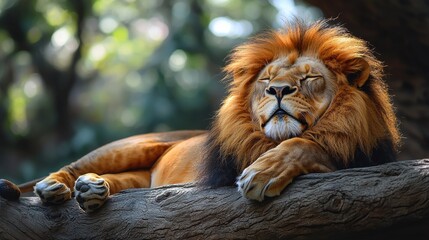 Obraz premium Majestic lion resting peacefully under the sunlight in a lush green habitat