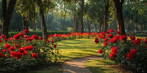 Bunga rose yang indah di taman, menambah keindahan suasana. Bunga rose ini mempesona dan menunjukkan pesonanya di taman yang rapi. Keindahan bunga rose menciptakan harmoni di taman tersebut.