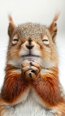 Fototapeta premium Squirrel with closed eyes and clasped paws, appearing to pray or meditate in a serene pose, AI