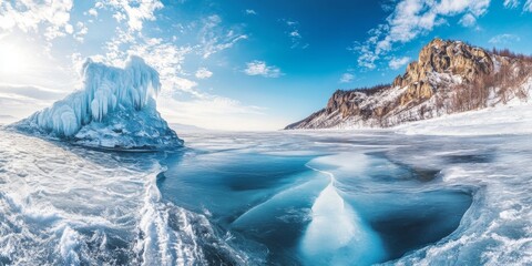 Fototapeta premium Winter at Lake Baikal reveals sparkling, pure transparent ice, creating a serene landscape. The beauty of Lake Baikal s winter scenery captures the essence of nature s crystal clear ice formations.