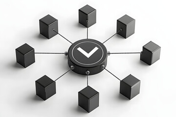 Obraz premium Network concept with interconnected black cubes and a central node featuring a checkmark symbol, representing technology, blockchain, system integration, and connectivity