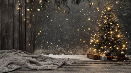 Merry Christmas! A stunning Christmas backdrop features a decorative Christmas tree resting upon a rustic wooden surface, its boughs adorned with twinkling lights and sparkling ornaments