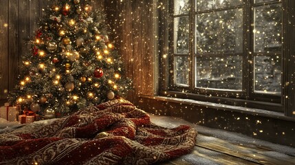 Merry Christmas! A stunning Christmas backdrop features a decorative Christmas tree resting upon a rustic wooden surface, its boughs adorned with twinkling lights and sparkling ornaments