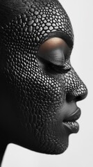 A striking close-up of an African woman with textured skin resembling reptile scales. Her serene expression and closed eyes emphasize the artistic and creative concept of unique beauty