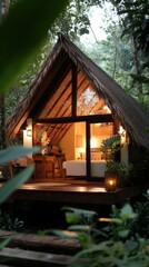 Obraz premium Cozy tropical cabin with thatched roof surrounded by lush greenery, featuring warm lighting and a serene ambiance, perfect for relaxation or eco-friendly retreats, AI