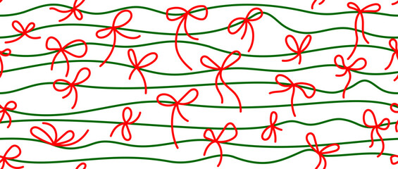 Red line gift ribbon. Hand drawn satin bow Holiday
