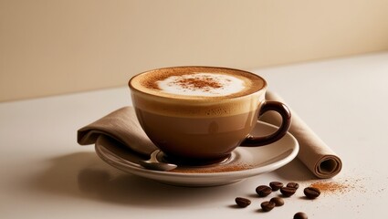 A cup of richly textured cappuccino, set against a clean, minimalist backdrop, with a delicate balance of creamy foam and dark espresso, topped with cinnamon or cocoa powder, in a sleek, curved cerami