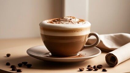 A cup of richly textured cappuccino, set against a clean, minimalist backdrop, with a delicate balance of creamy foam and dark espresso, topped with cinnamon or cocoa powder, in a sleek, curved cerami
