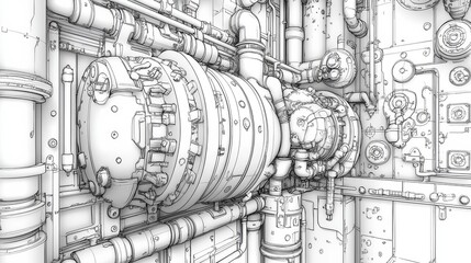 intricate steampunk coloring book, Intricate Steampunk Machine with Gears and Pipes