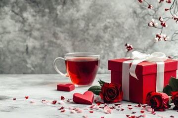 Valentine's Day background. Gift box, red roses, hot tea in cup and aper hearts on background. Flat lay, directly above, copy space.
