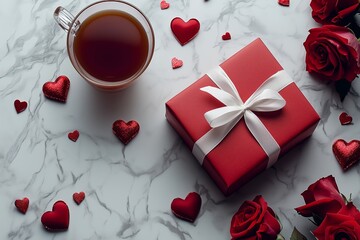 Valentine's Day background. Gift box, red roses, hot tea in cup and aper hearts on background. Flat lay, directly above, copy space.
