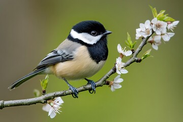 Obraz premium Elegant bird perched on a branch with blooming white flowers