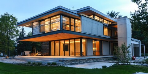 Fototapeta premium House under construction features innovative sandwich panels that showcase modern building techniques. This house design emphasizes the use of sandwich panels for energy efficiency and durability.