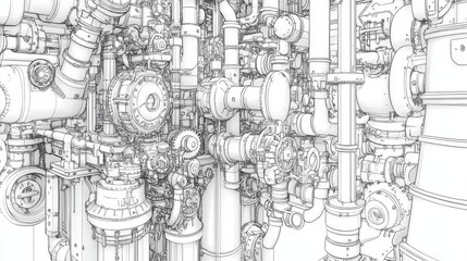 intricate steampunk coloring book, Intricate Steampunk Machine Design with Gears and Pipes