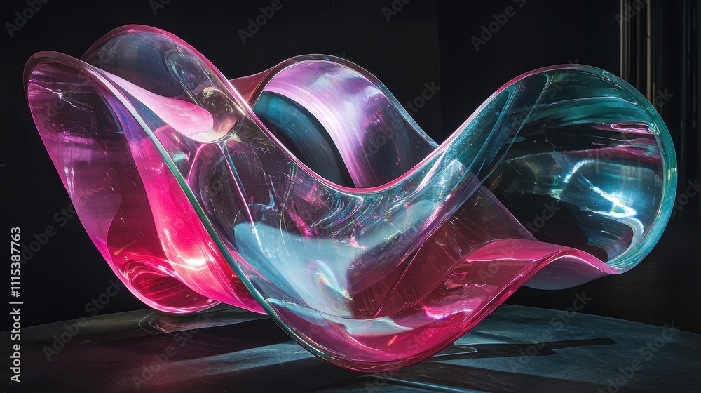 Poster dynamic curved structure with transparent glossy material and vibrant light reflections