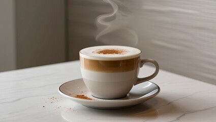 Obraz premium a cup of expertly prepared cappuccino, topped with a smooth layer of steamed milk and a sprinkling of cinnamon or cocoa powder, set against a clean, modern, minimalist backdrop with a smooth texture, 