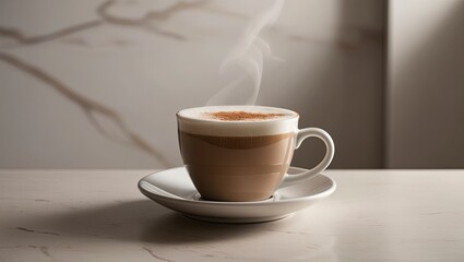 Obraz premium a cup of expertly prepared cappuccino, topped with a smooth layer of steamed milk and a sprinkling of cinnamon or cocoa powder, set against a clean, modern, minimalist backdrop with a smooth texture, 