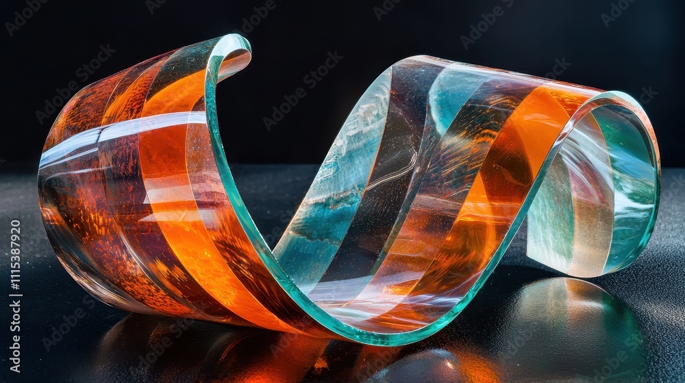 Poster dynamic transparent curves of glossy material with vibrant colors and unique texture patterns