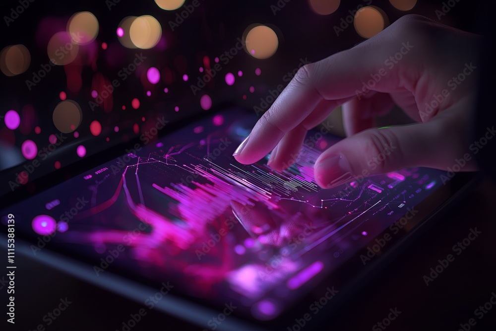 Poster a professional tapping on a tablet, with holographic charts and graphs floating in the air.