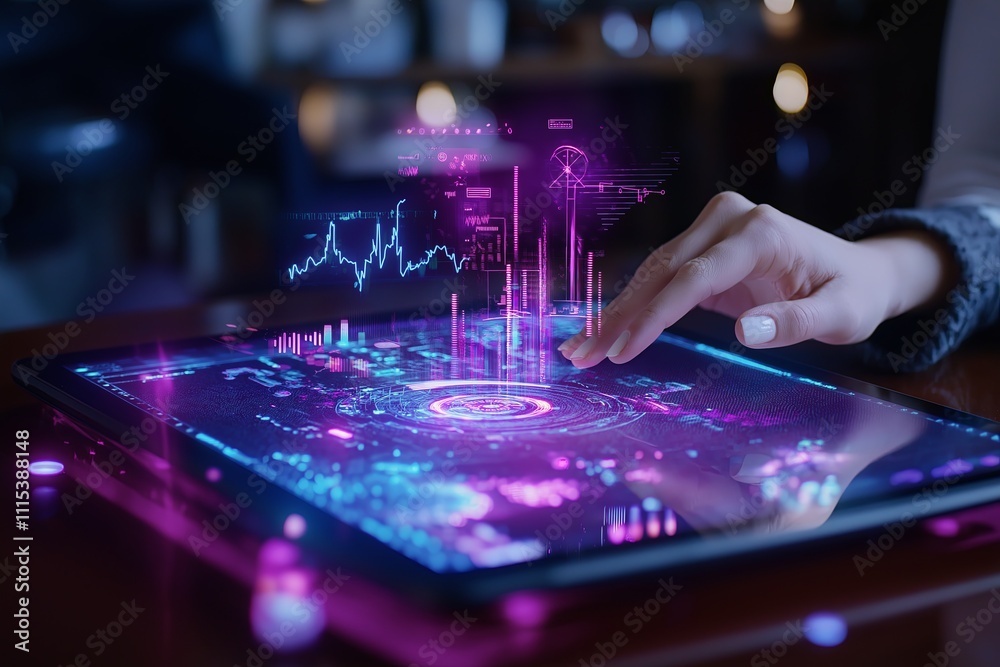 Poster A professional tapping on a tablet, with holographic charts and graphs floating in the air.