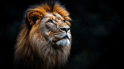 Fototapeta premium Lion gazing intently into the distance under soft lighting in a natural habitat during twilight hours