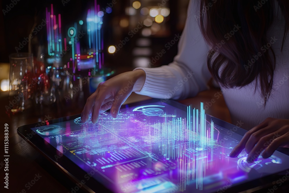 Poster a professional tapping on a tablet, with holographic charts and graphs floating in the air.
