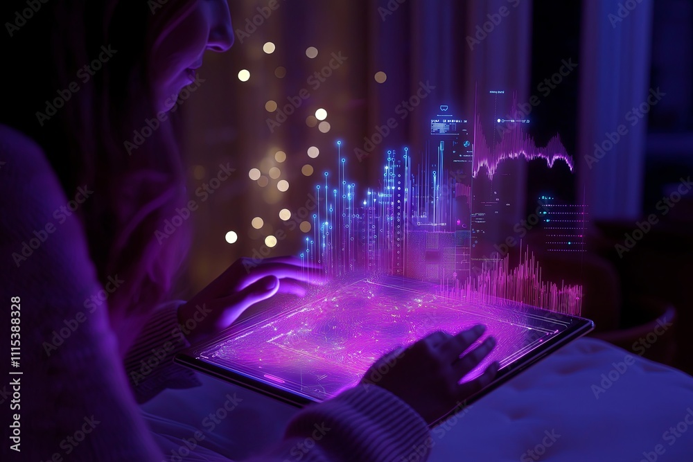Poster A professional tapping on a tablet, with holographic charts and graphs floating in the air.