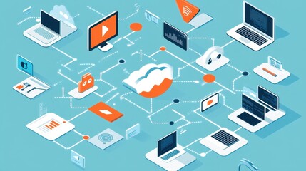 Obraz premium Digital network illustration showcasing interconnected devices and data flow.