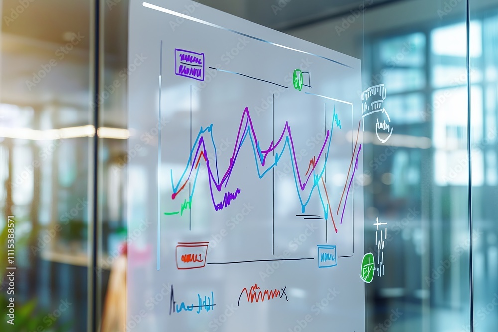 Poster a sales chart with an upward trend drawn on a whiteboard in a corporate setting