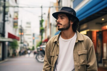 Naklejka premium A man wearing a hat and a white shirt is standing on a street