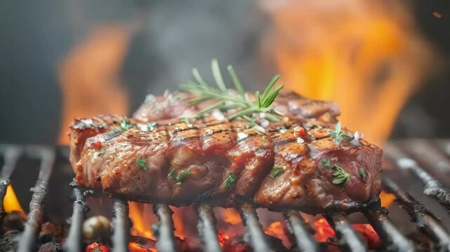 video of grilled meat is cooking meat over aon hot surface, imparting a smoky flavor and distinctive char marks. Concept of with outdoor cooking, barbecues.
