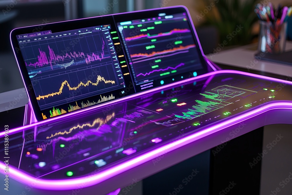 Poster A smart desk with built-in touchscreens, displaying real-time stock market data.