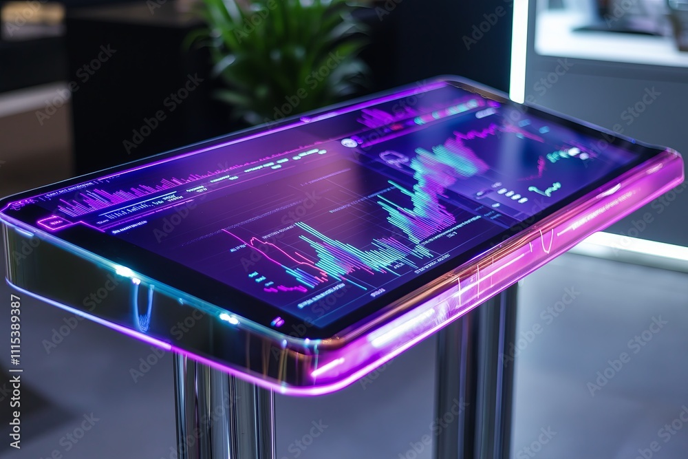 Poster A smart desk with built-in touchscreens, displaying real-time stock market data.