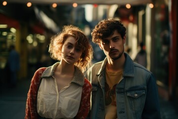 Fototapeta premium A man and a woman are standing in front of a building