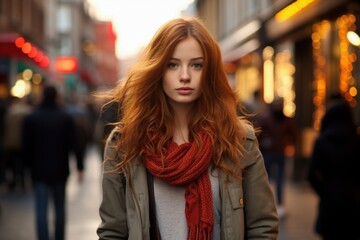 Fototapeta premium A woman with red hair stands in a busy city street, wearing a red scarf