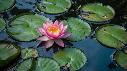 From above of bright blooming pink water lotus flower growing among lush green leaves on calm pond