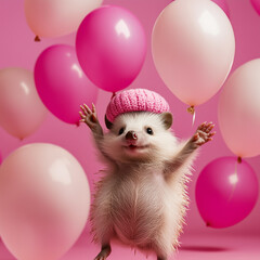 Cute little hedgehog having party with balloons, pink background