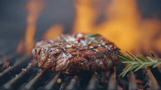 video of grilled meat is cooking meat over aon hot surface, imparting a smoky flavor and distinctive char marks. Concept of with outdoor cooking, barbecues.