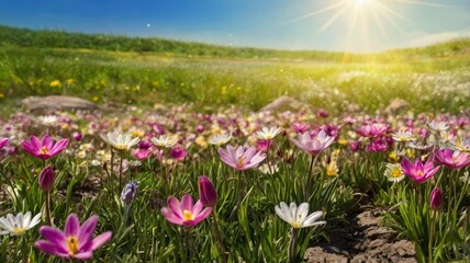 Obraz premium Spring background, wide meadow concept with foreground flowers, sunlight and blue sky