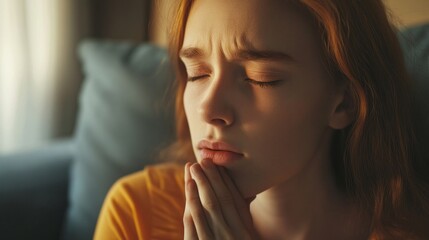 Fototapeta premium In a softly lit living space, a young woman with red hair shows signs of distress as she struggles with breathing. Her hands pressed together reflect a moment of vulnerability and concern