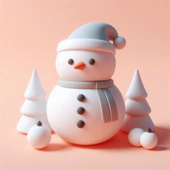 Fototapeta premium Cheerful 3D snowman with trees, perfect for holiday-themed designs, winter promotions, or festive graphics.