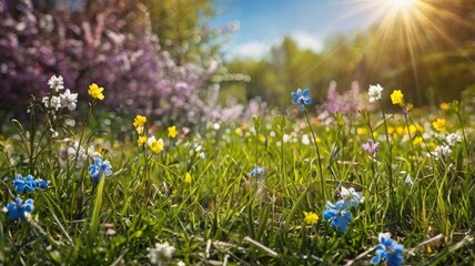 Fototapeta premium Spring background, wide meadow concept with foreground flowers, sunlight and blue sky