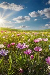 Fototapeta premium Spring background, wide meadow concept with foreground flowers, sunlight and blue sky