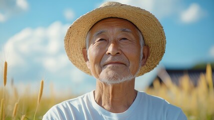 Fototapeta premium Japanese kind old man, elder, farmer's clothing, summer, short sleeved white T-shirt with straw hat