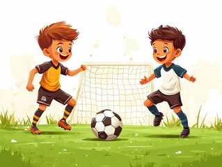 Fototapeta premium Energetic Kids Playing Soccer Ball in Backyard with Goal - Flat Vector Illustration