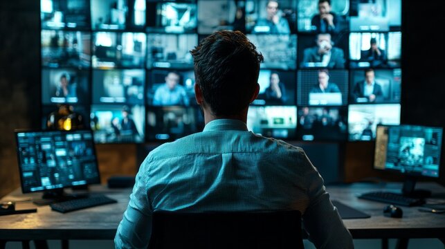 Photo of Young business man video conference calling using computer social distance working from home office. Remote male professional video conferencing by virtual team online web meeting group chat 