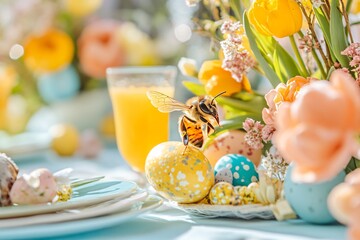 Colorful Easter Celebration With Flowers, Eggs, and Bee in Garden