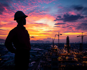 Fototapeta premium Silhouette of an Asian engineer overseeing the construction of a large infrastructure project in Thailand, with a vibrant sunset
