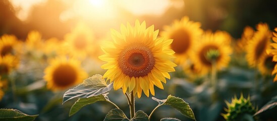 Fototapeta premium A single sunflower in a field at sunset, with other sunflowers out of focus in the background.